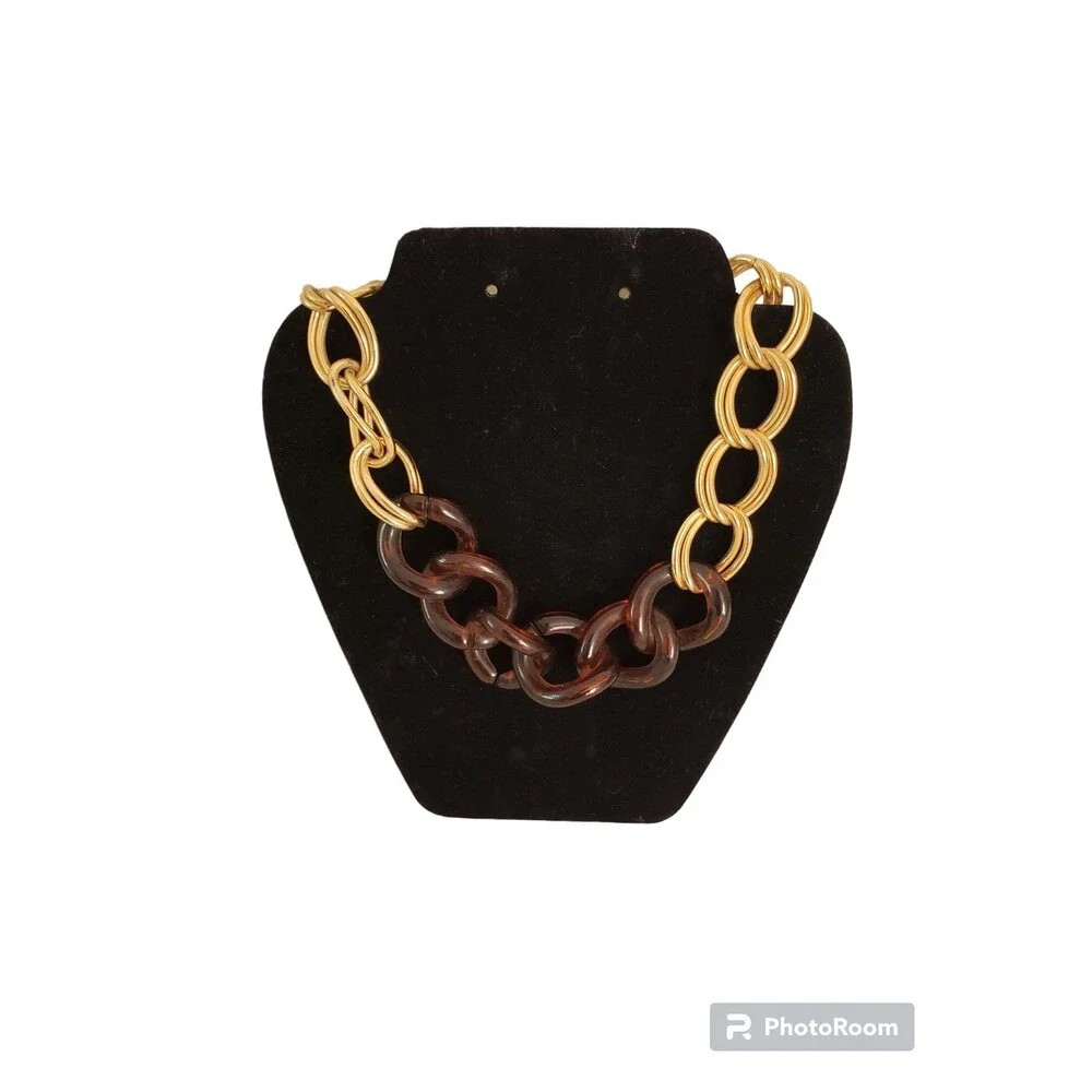 Chunky Link Chain Necklace Statement Vintage Estate Faux Tortoise Shell Lucite